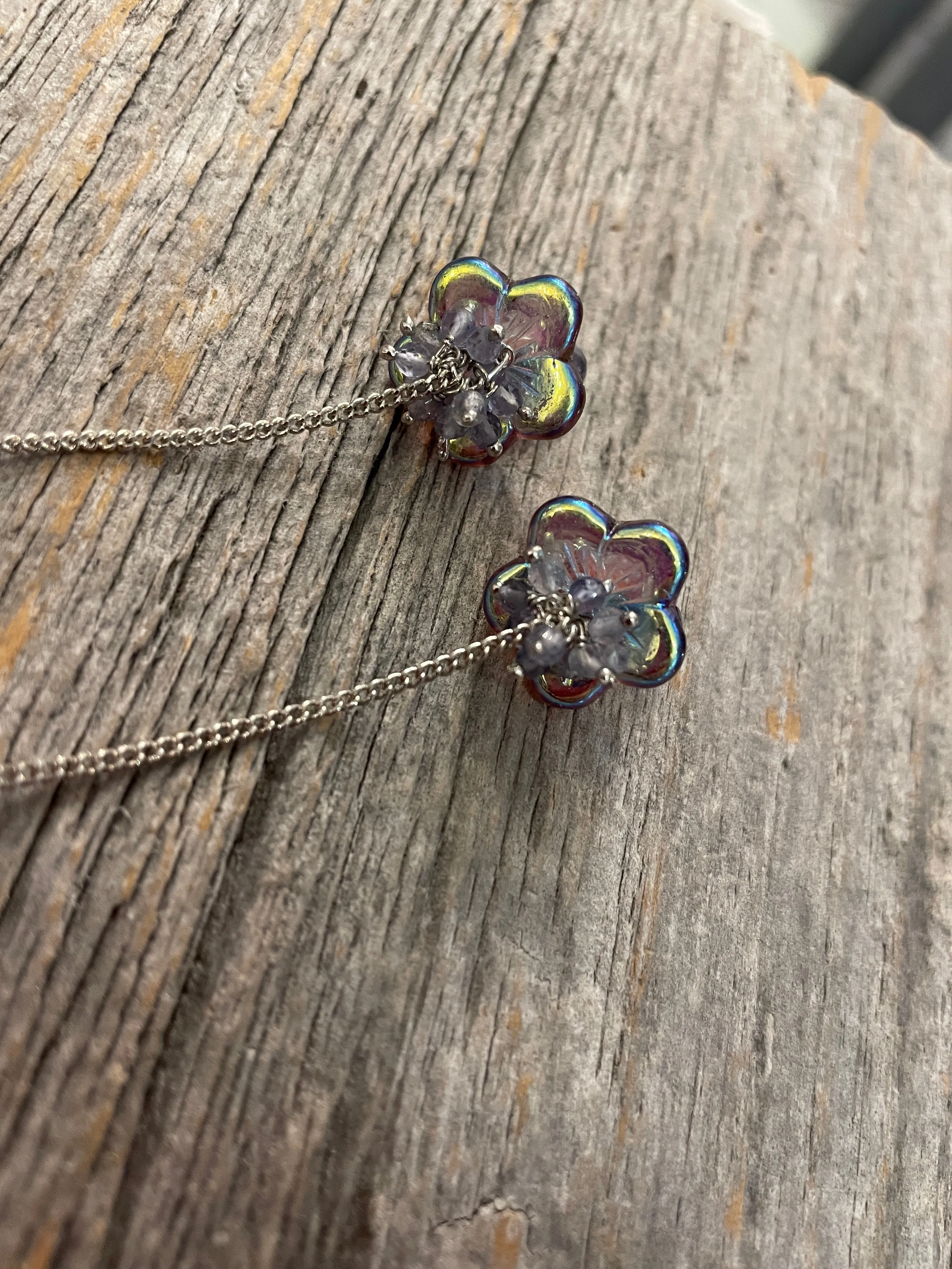 3.5" Silver Chain Earrings with vintage flower drop   semi precious cluster