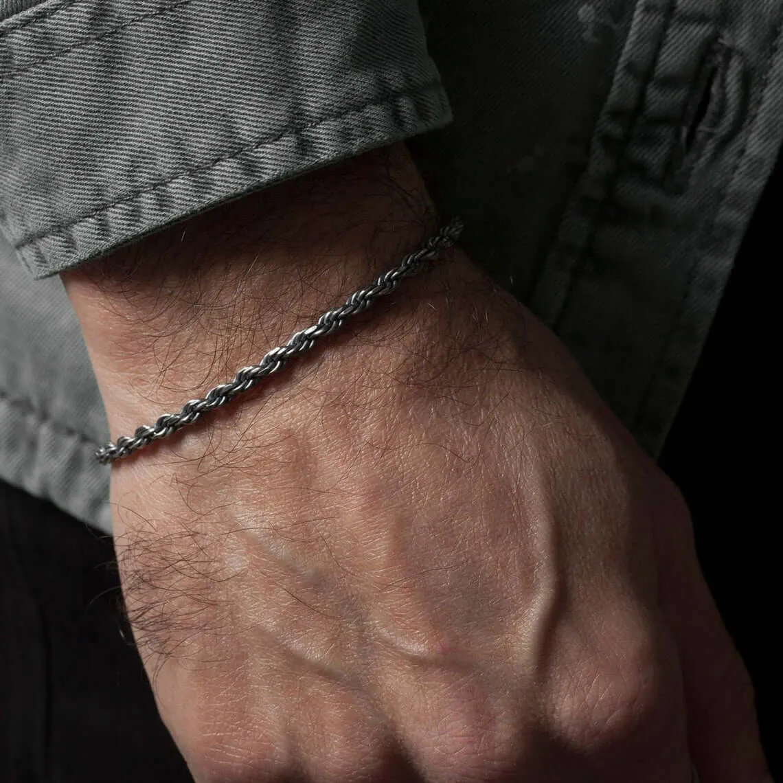 4mm Rope Link Men's Chain Bracelet Oxidized Sterling Silver 7.5 to 9 inch