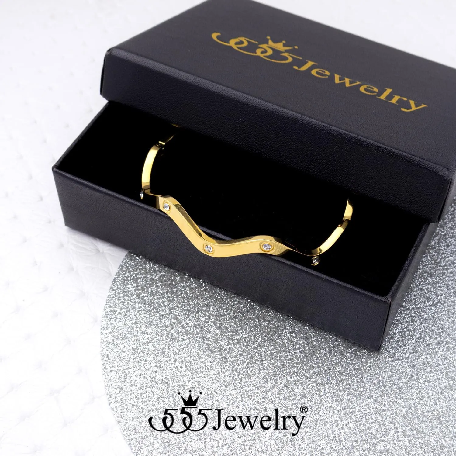555Jewelry 4MM Wide Stainless Steel Bangle Bracelets for Women Chunky Wave Bracelet For Women Cubic Zirconia Hinged Arm Wrist Cuff