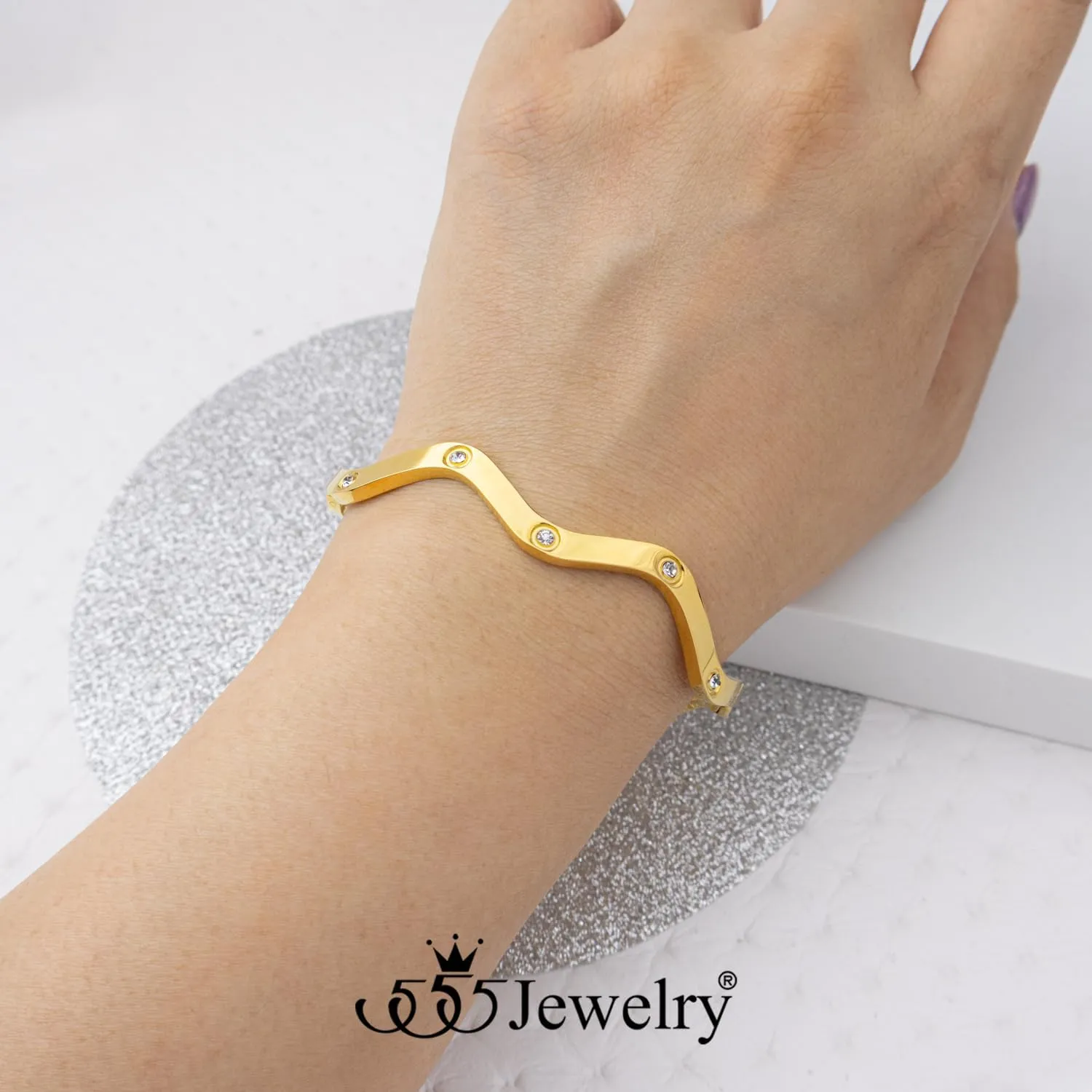 555Jewelry 4MM Wide Stainless Steel Bangle Bracelets for Women Chunky Wave Bracelet For Women Cubic Zirconia Hinged Arm Wrist Cuff