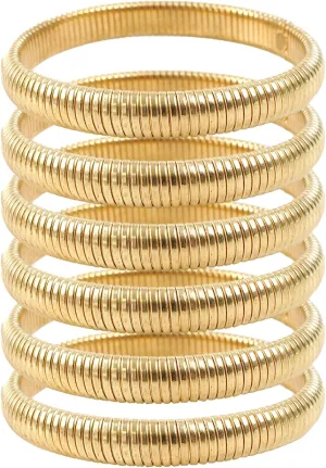 6 Pcs Gold Bangle Bracelets for Women, Chunky Stack Gold Plated Stretch Bracelet Jewelry Non-Tarnish, Flexible Trendy Designer Look Alike Jewelry Wristband Link Chain Cuff Bracelets