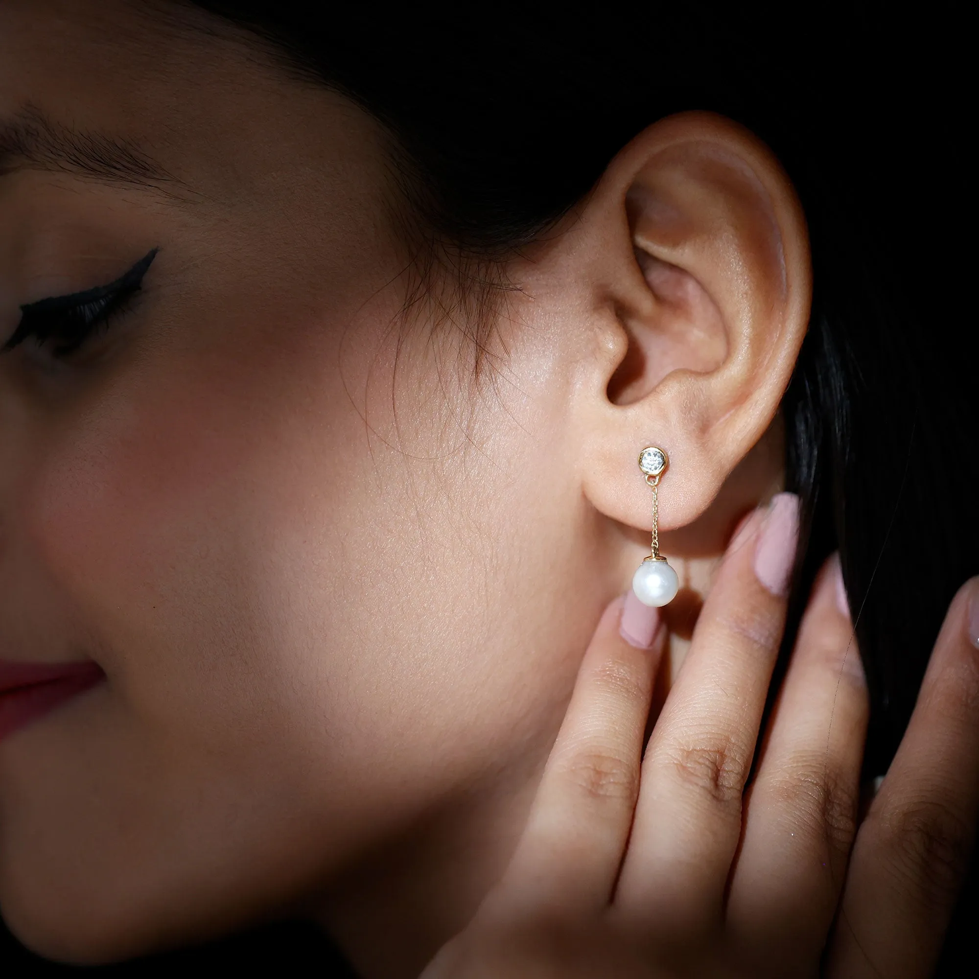 7 MM Freshwater Pearl Drop and Diamond Chain Earrings