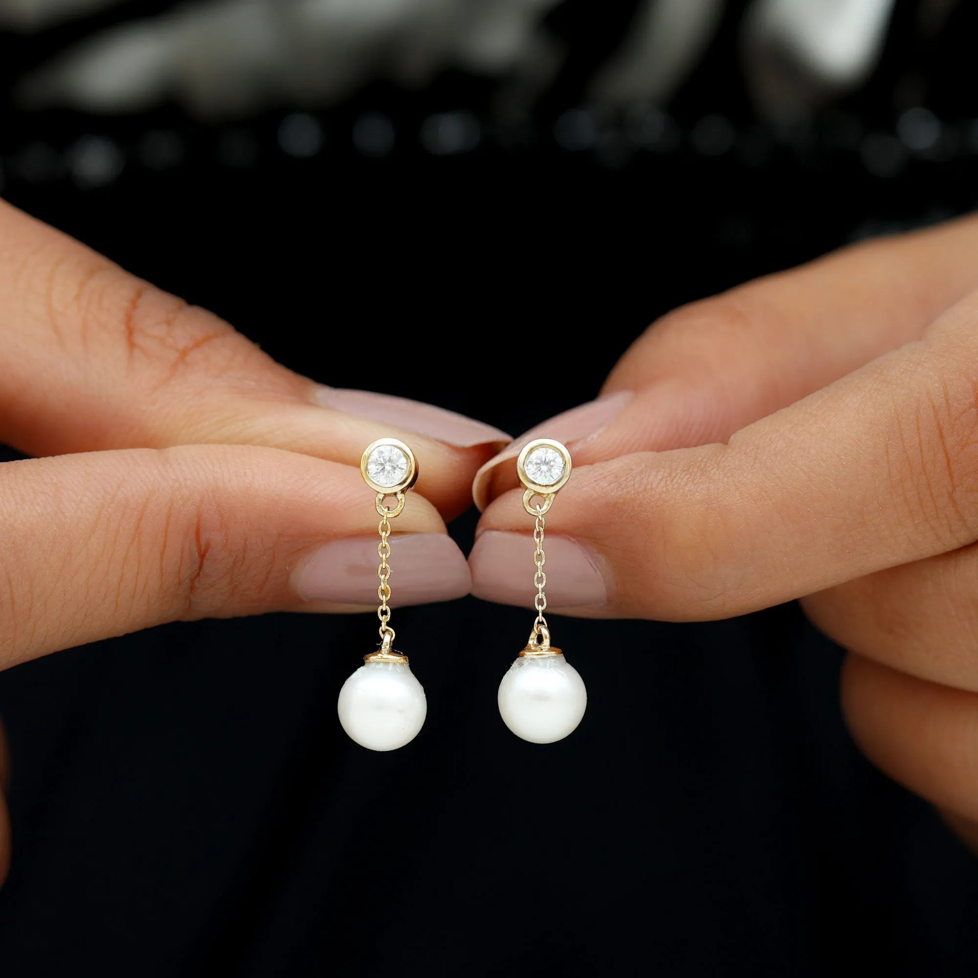 7 MM Freshwater Pearl Drop and Diamond Chain Earrings