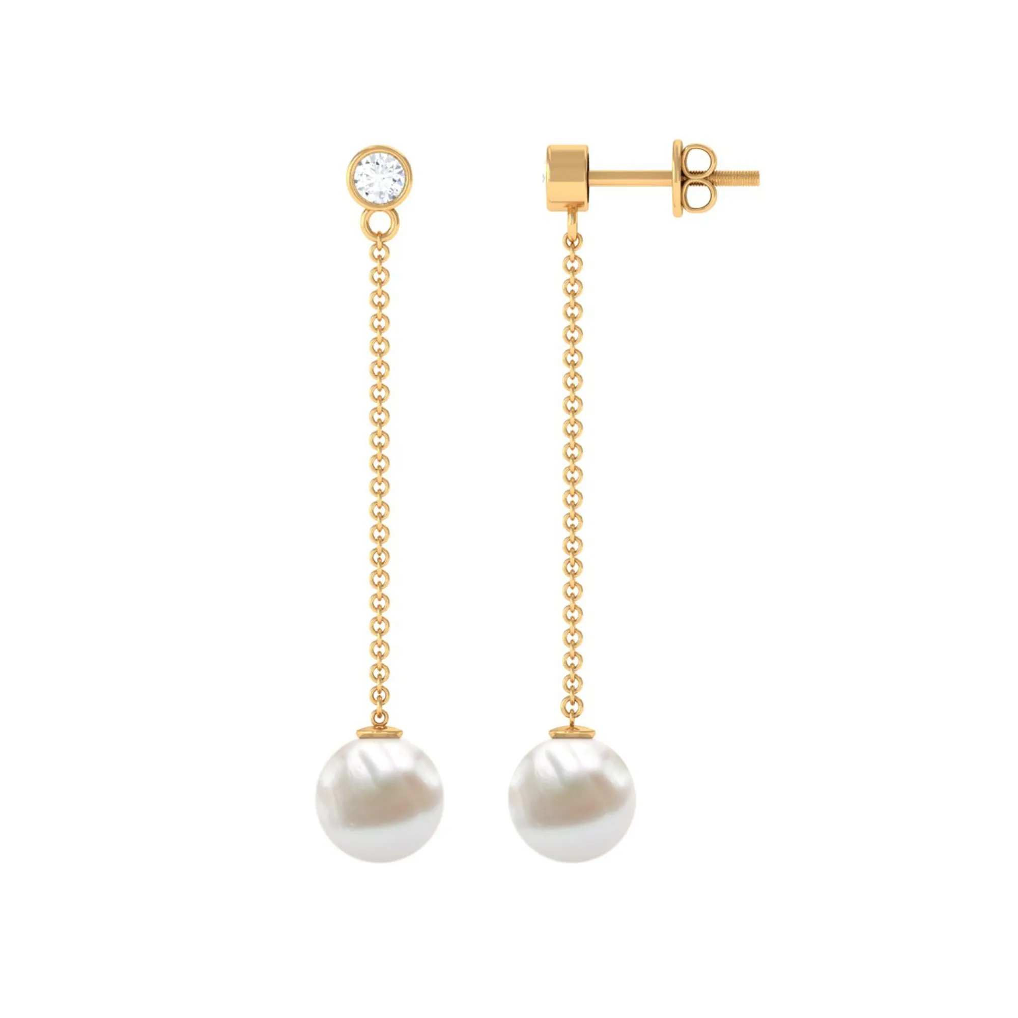 7 MM Freshwater Pearl Drop and Diamond Chain Earrings