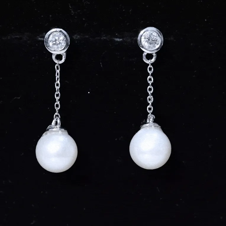 7 MM Freshwater Pearl Drop and Diamond Chain Earrings