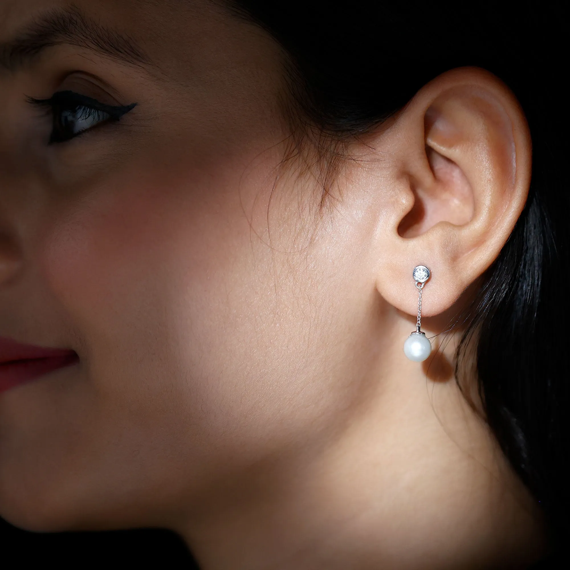 7 MM Freshwater Pearl Drop and Diamond Chain Earrings