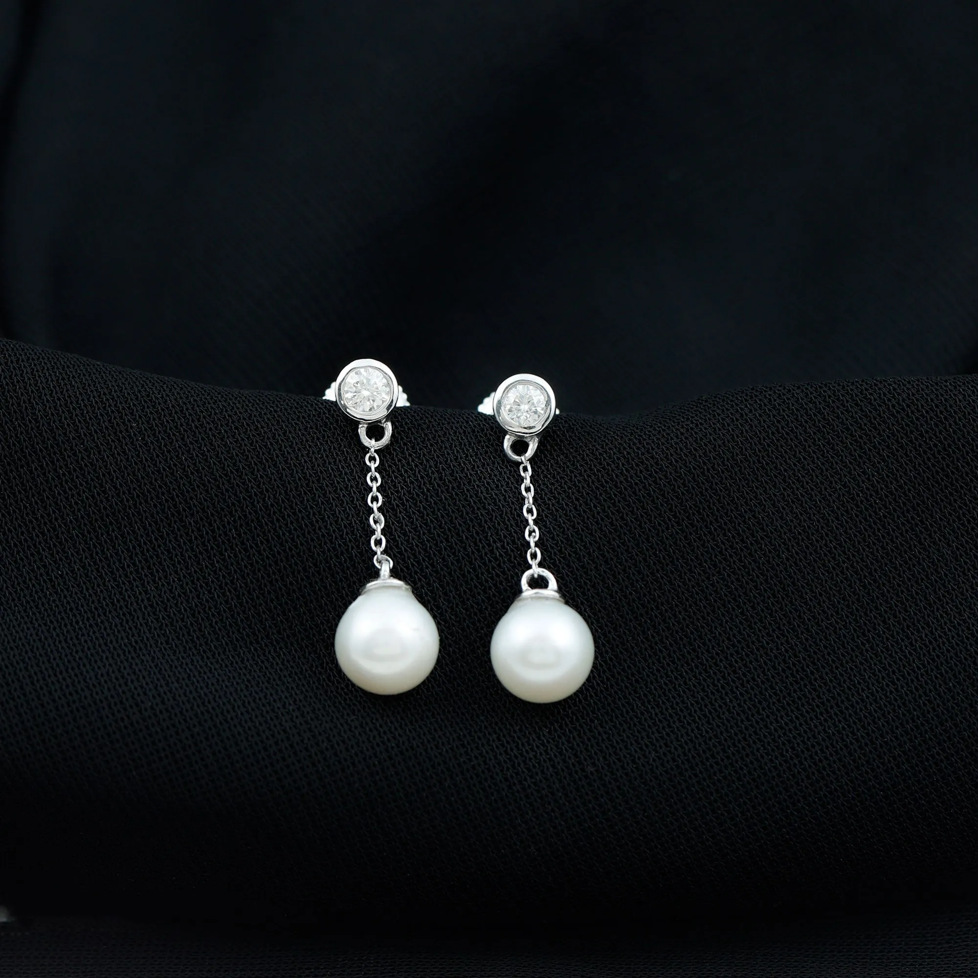 7 MM Freshwater Pearl Drop and Diamond Chain Earrings