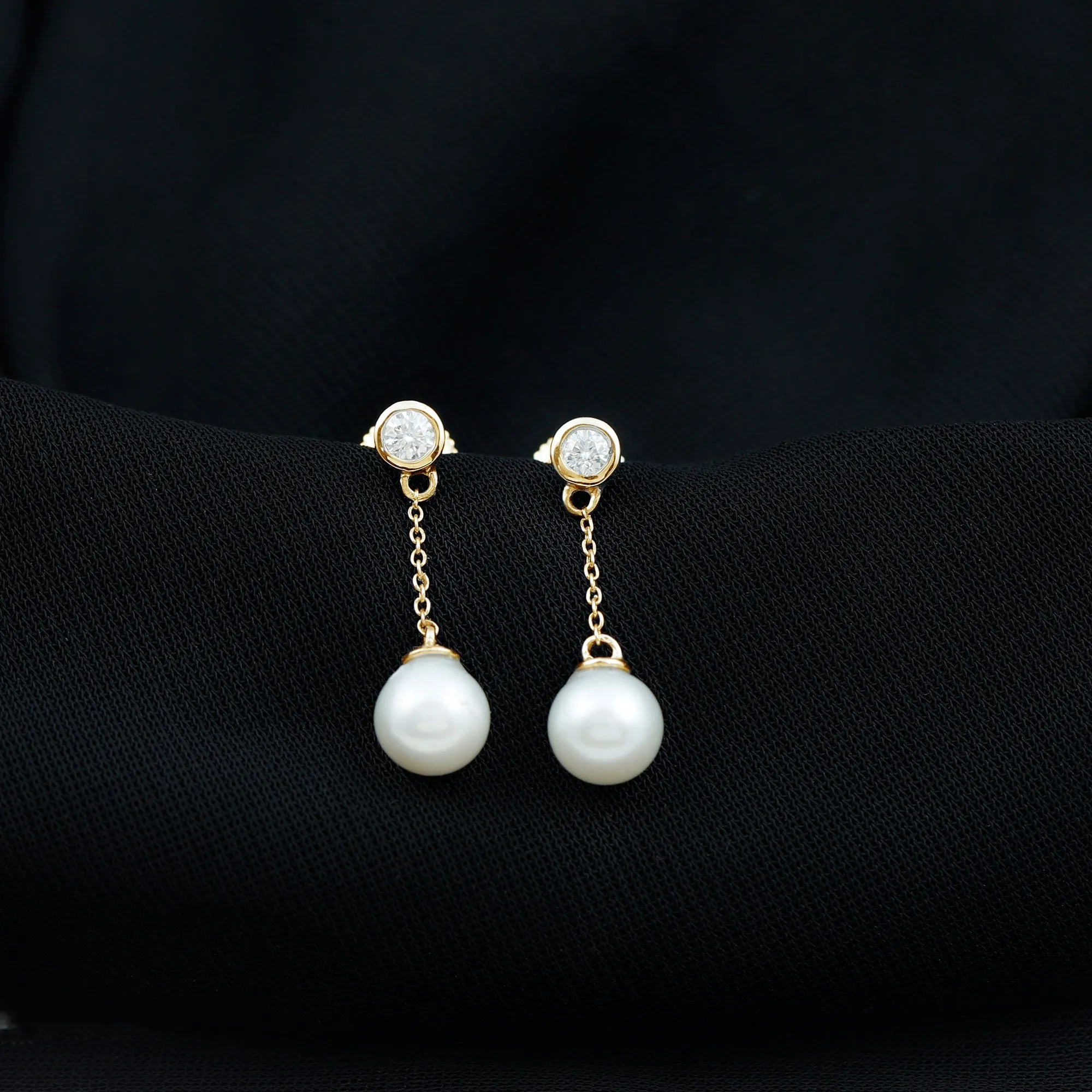 7 MM Freshwater Pearl Drop and Diamond Chain Earrings