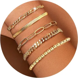 7pc Gold Bracelets for Women, 14K Real Gold Dainty Layered Cuban Link Paperclip Chain Herribone Bracelets Cute Stackable Gold Chain Bracelet Set for Women Trendy Jewelry Gifts, L, Brass, no