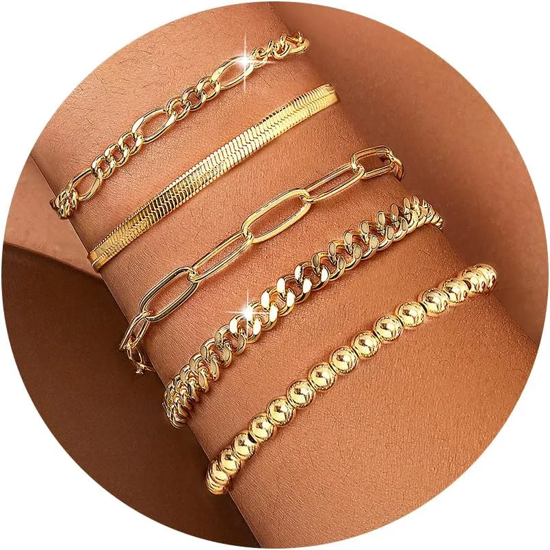 7pc Gold Bracelets for Women, 14K Real Gold Dainty Layered Cuban Link Paperclip Chain Herribone Bracelets Cute Stackable Gold Chain Bracelet Set for Women Trendy Jewelry Gifts, L, Brass, no