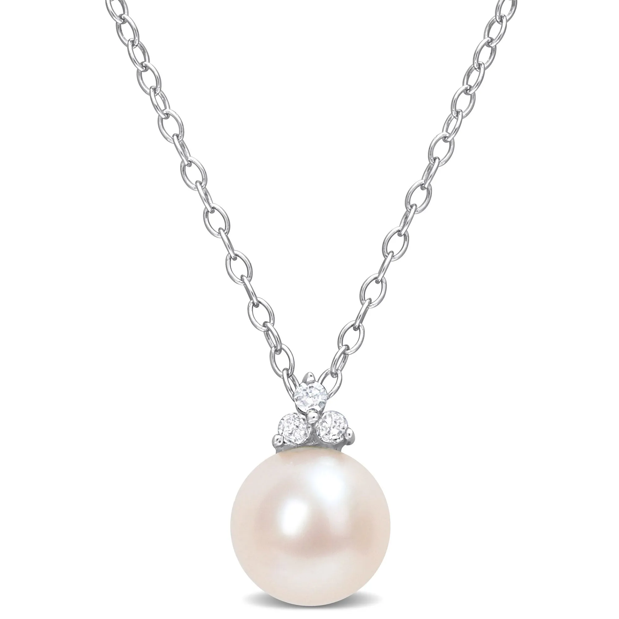 8-8.5mm Freshwater Cultured Pearl and Diamond Accent Sterling Silver Pendant Necklace