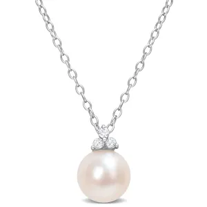 8-8.5mm Freshwater Cultured Pearl and Diamond Accent Sterling Silver Pendant Necklace