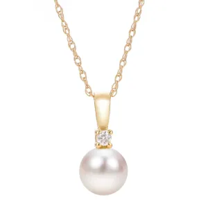 8.5-9mm Freshwater Cultured Pearl and Diamond Yellow Gold Pendant Necklace 1/15ct
