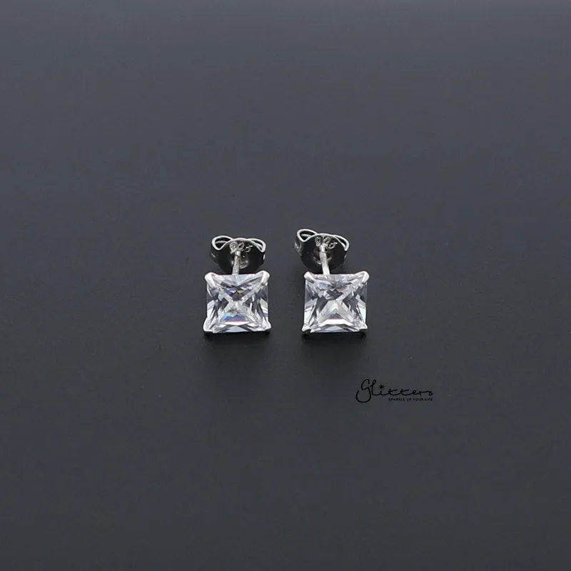 925 Sterling Silver Martini Stud Earring with Square Cubic Zirconia-3mm | 4mm | 5mm | 6mm