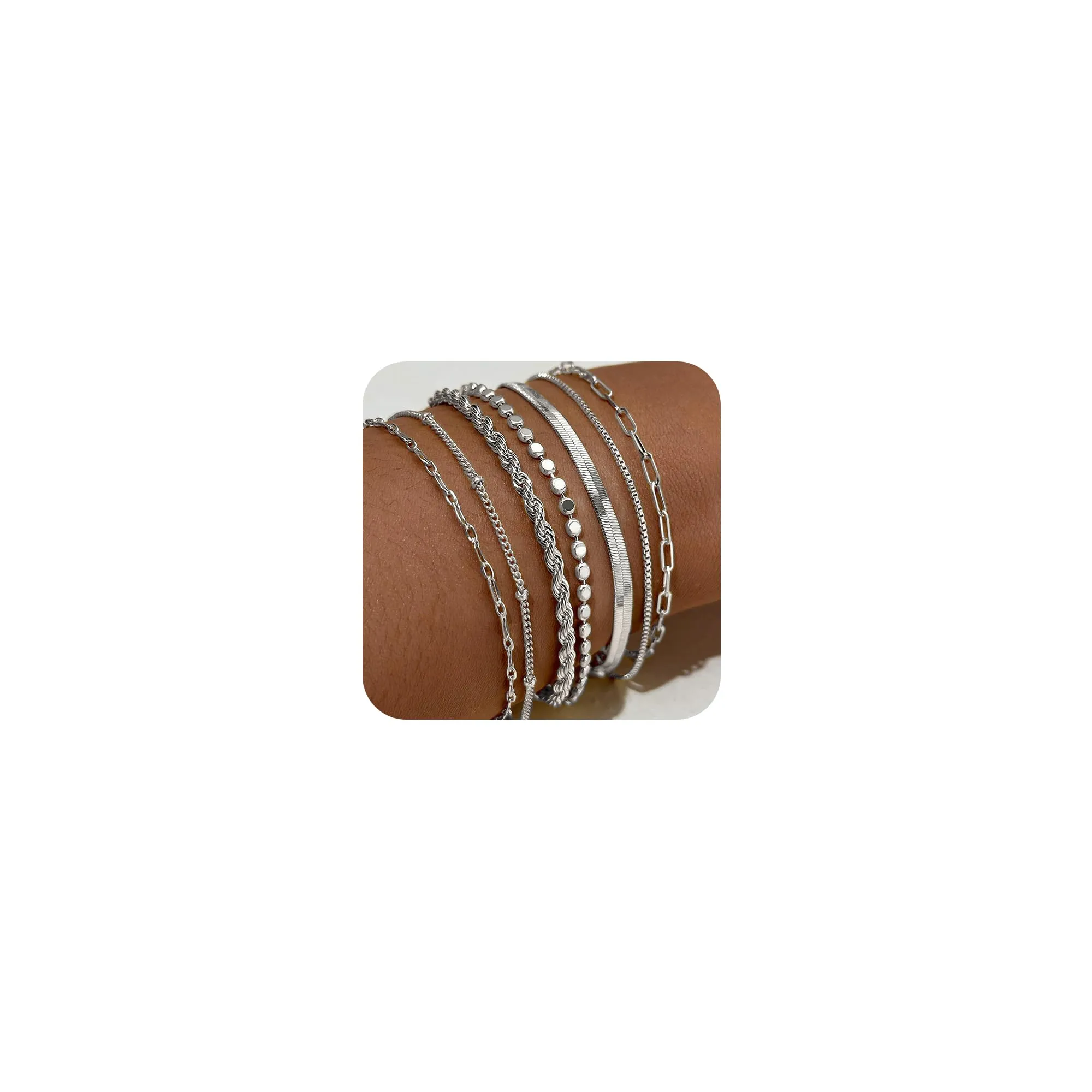 Amicon Silver Bracelets for Women Dainty 14K Silver Plated Herringbone Bracelets Jewelry Sets Stackable Figaro Chain Paperclip Link Chain Cute Bracelet Pack Gifts for Women