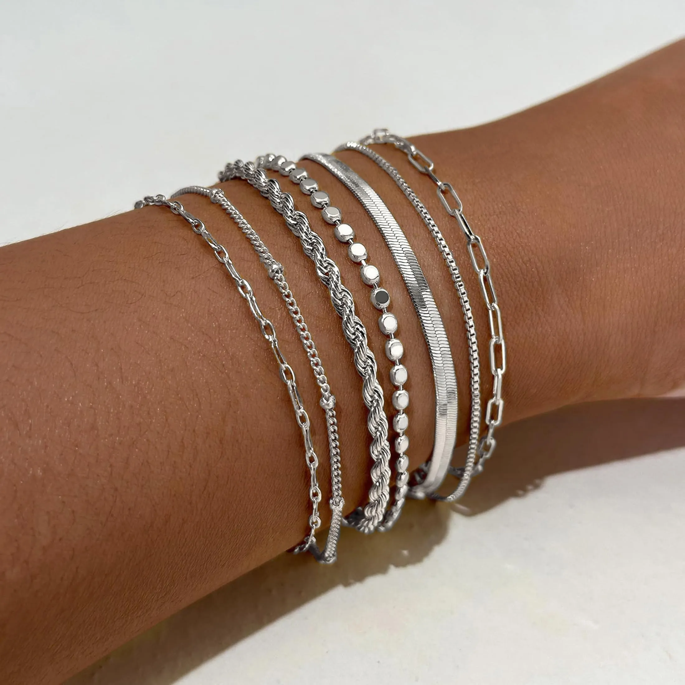 Amicon Silver Bracelets for Women Dainty 14K Silver Plated Herringbone Bracelets Jewelry Sets Stackable Figaro Chain Paperclip Link Chain Cute Bracelet Pack Gifts for Women