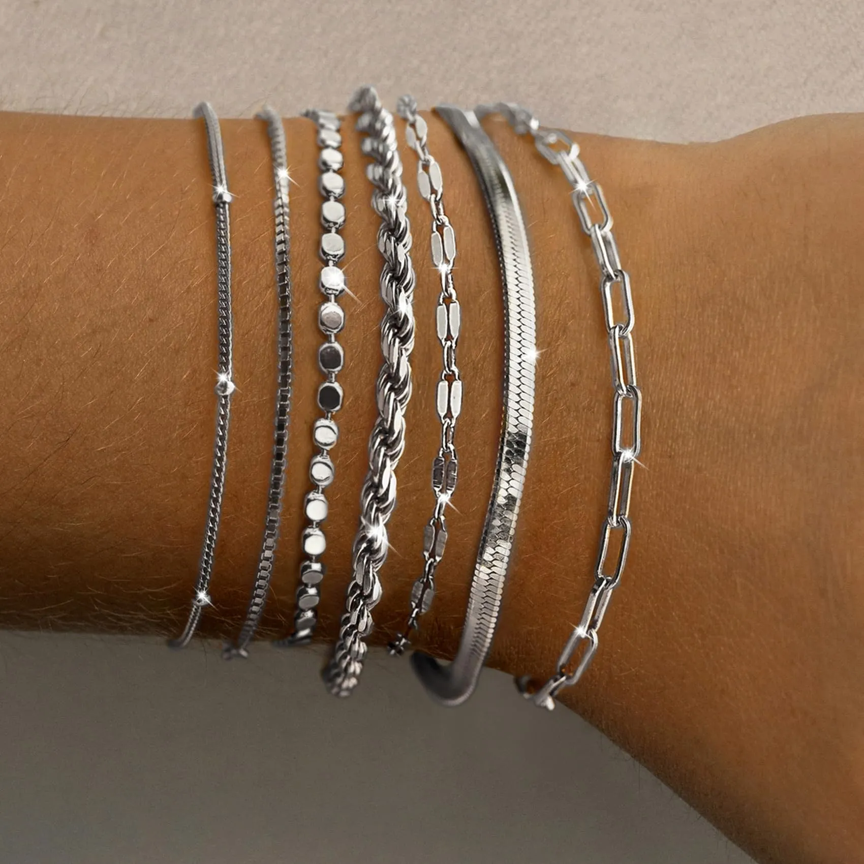 Amicon Silver Bracelets for Women Dainty 14K Silver Plated Herringbone Bracelets Jewelry Sets Stackable Figaro Chain Paperclip Link Chain Cute Bracelet Pack Gifts for Women