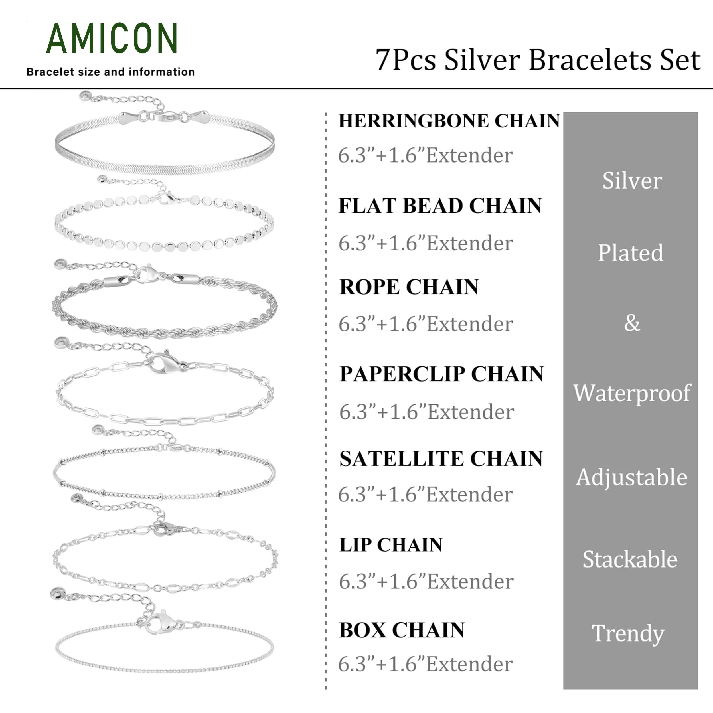 Amicon Silver Bracelets for Women Dainty 14K Silver Plated Herringbone Bracelets Jewelry Sets Stackable Figaro Chain Paperclip Link Chain Cute Bracelet Pack Gifts for Women