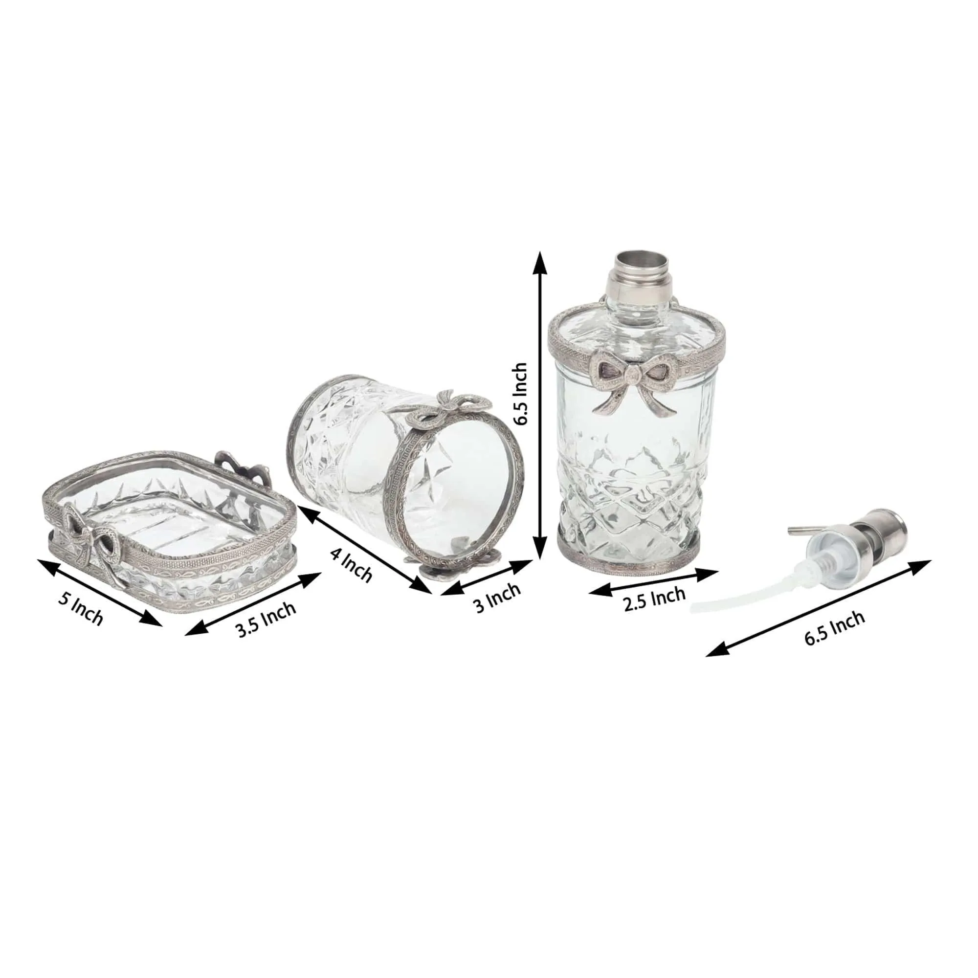 Antique Bow-Tied Glass Bathroom  Silver Set
