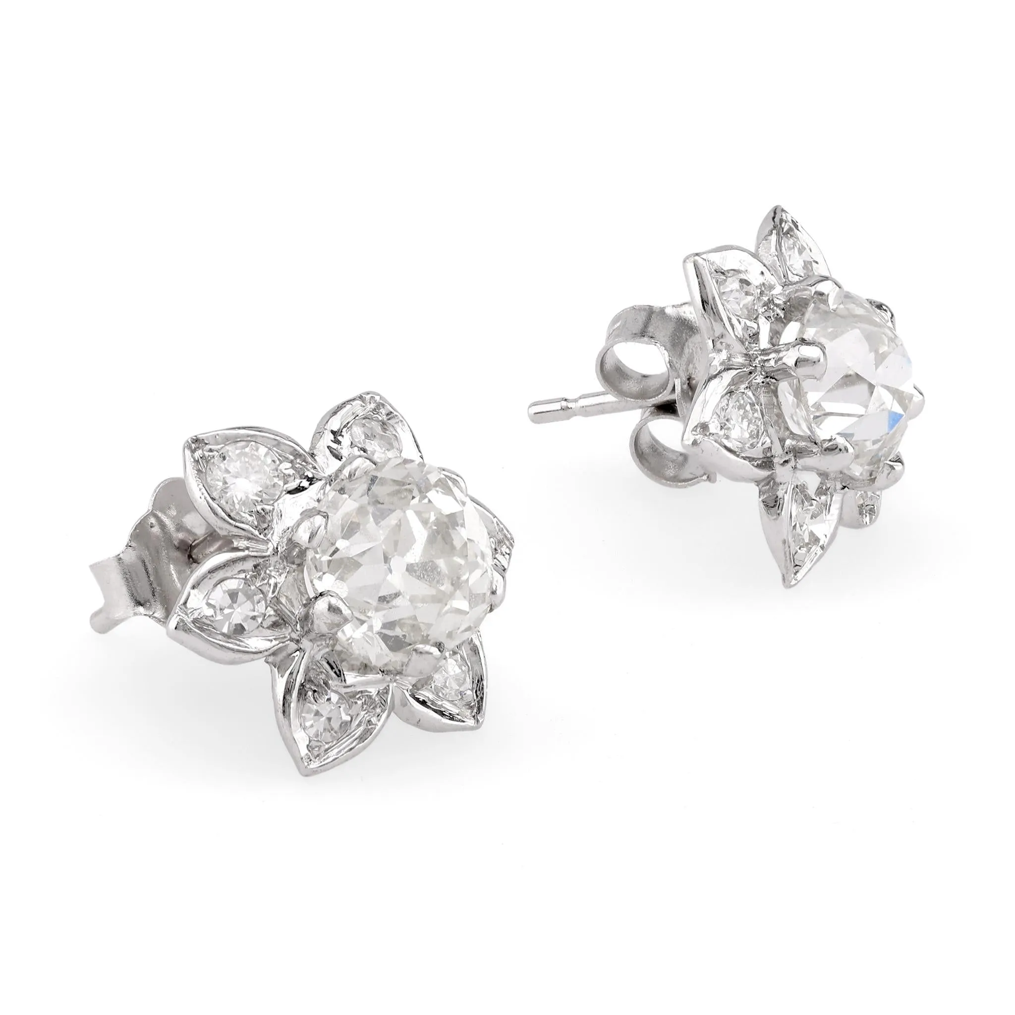 Antique Style Diamond Platinum Flower Earrings