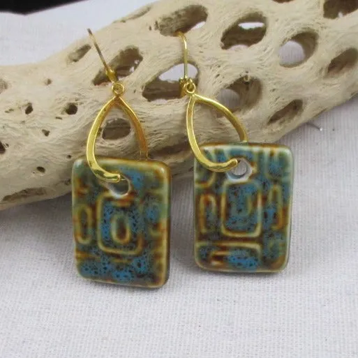 Aqua & Brown Porcelain Drop Earrings