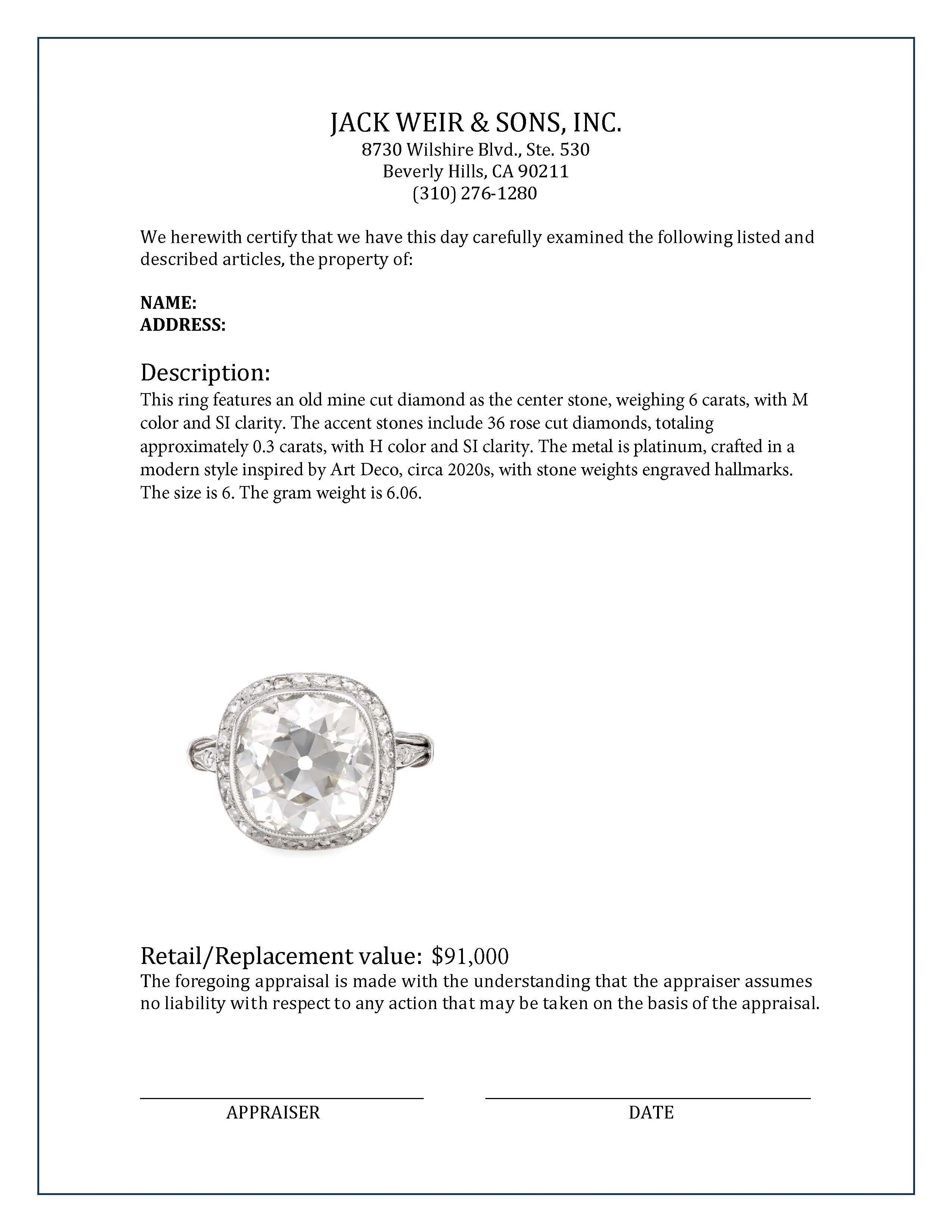 Art Deco Inspired 6 Carat Old Mine Cut Diamond Platinum Ring