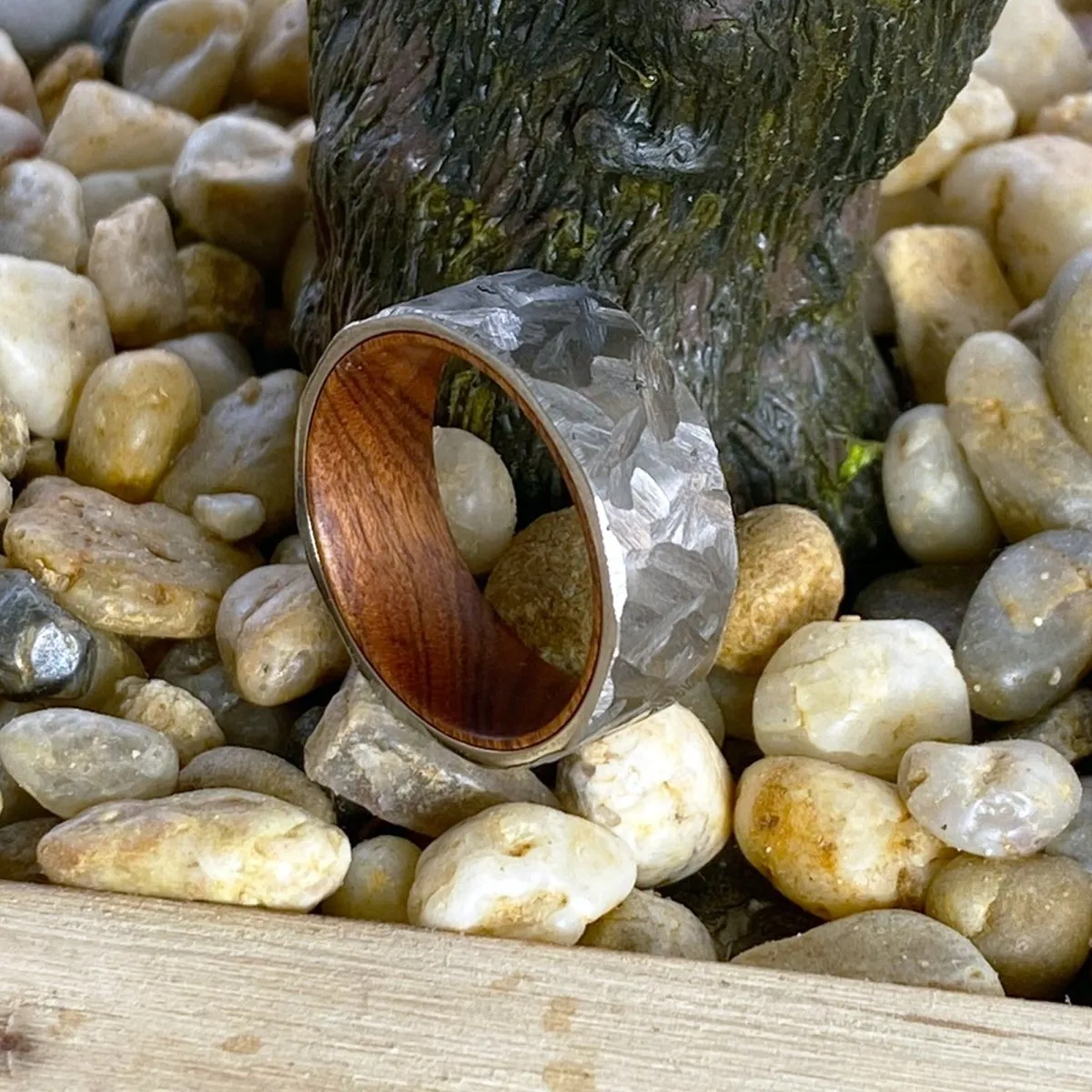 ARTFUL | Iron Wood, Silver Titanium Ring, Hammered, Flat