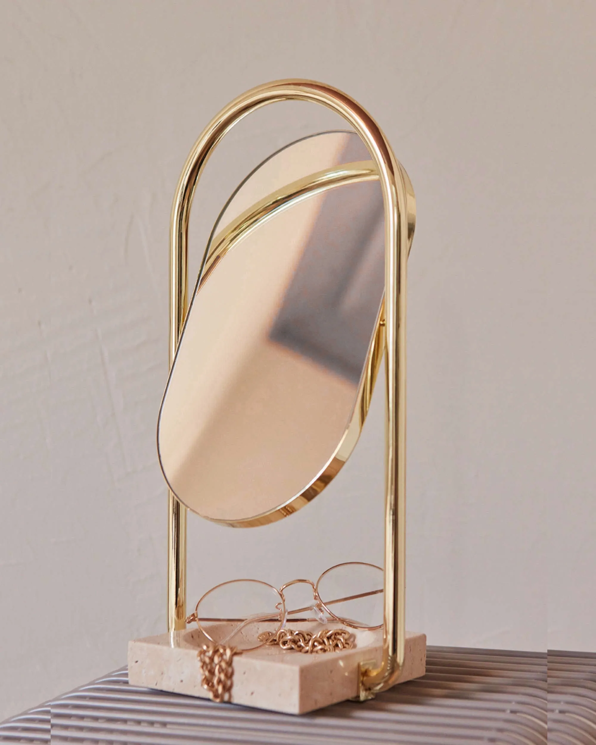 Aytm Angui Makeup Mirror, gold/travertine marble