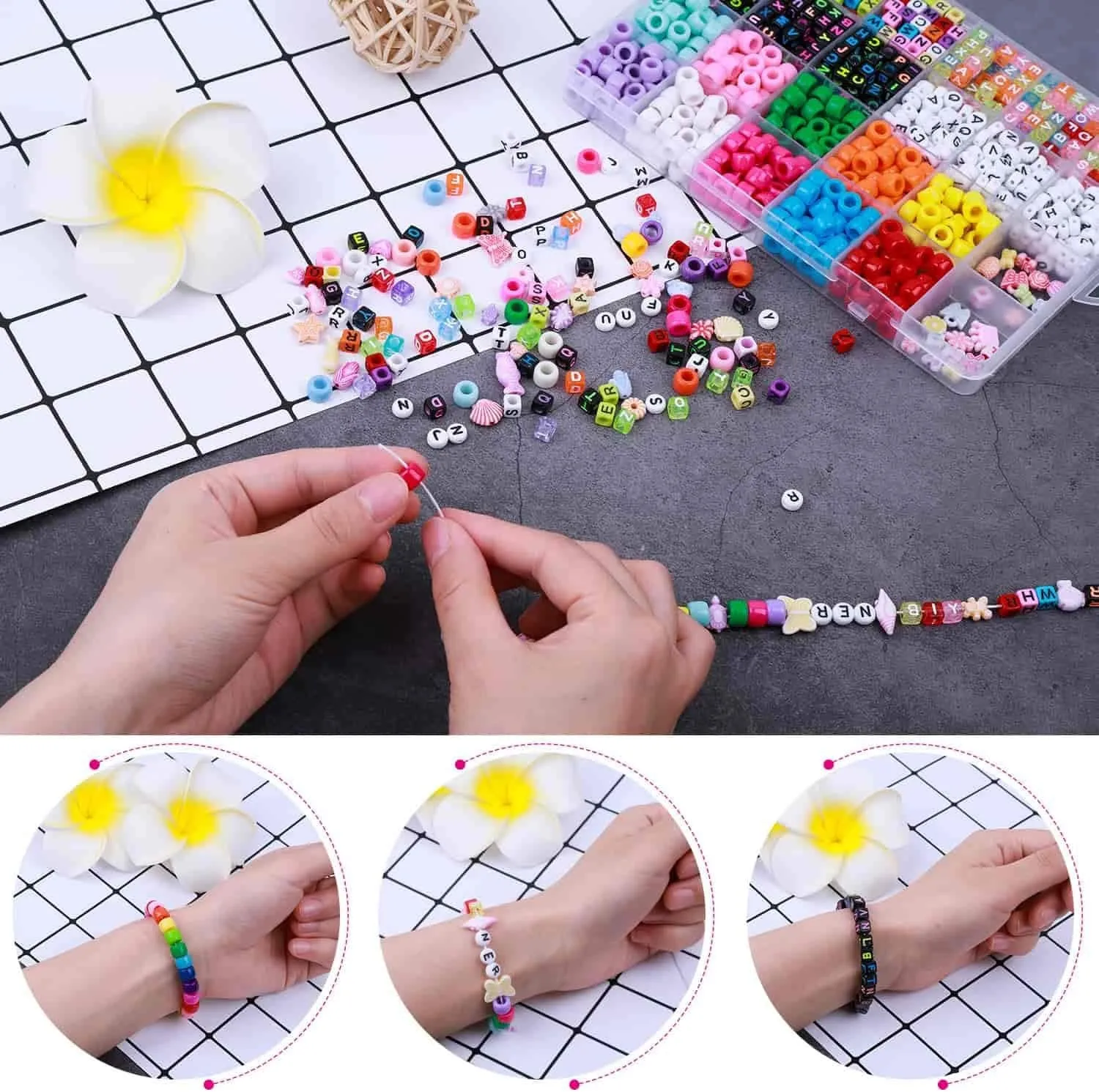 Bead Bracelet Making Kit,  Bead Friendship Bracelets Kit with Pony Beads Letter Beads Charm Beads and Elastic String for Bracelet and Jewelry Making Rainbow Colors