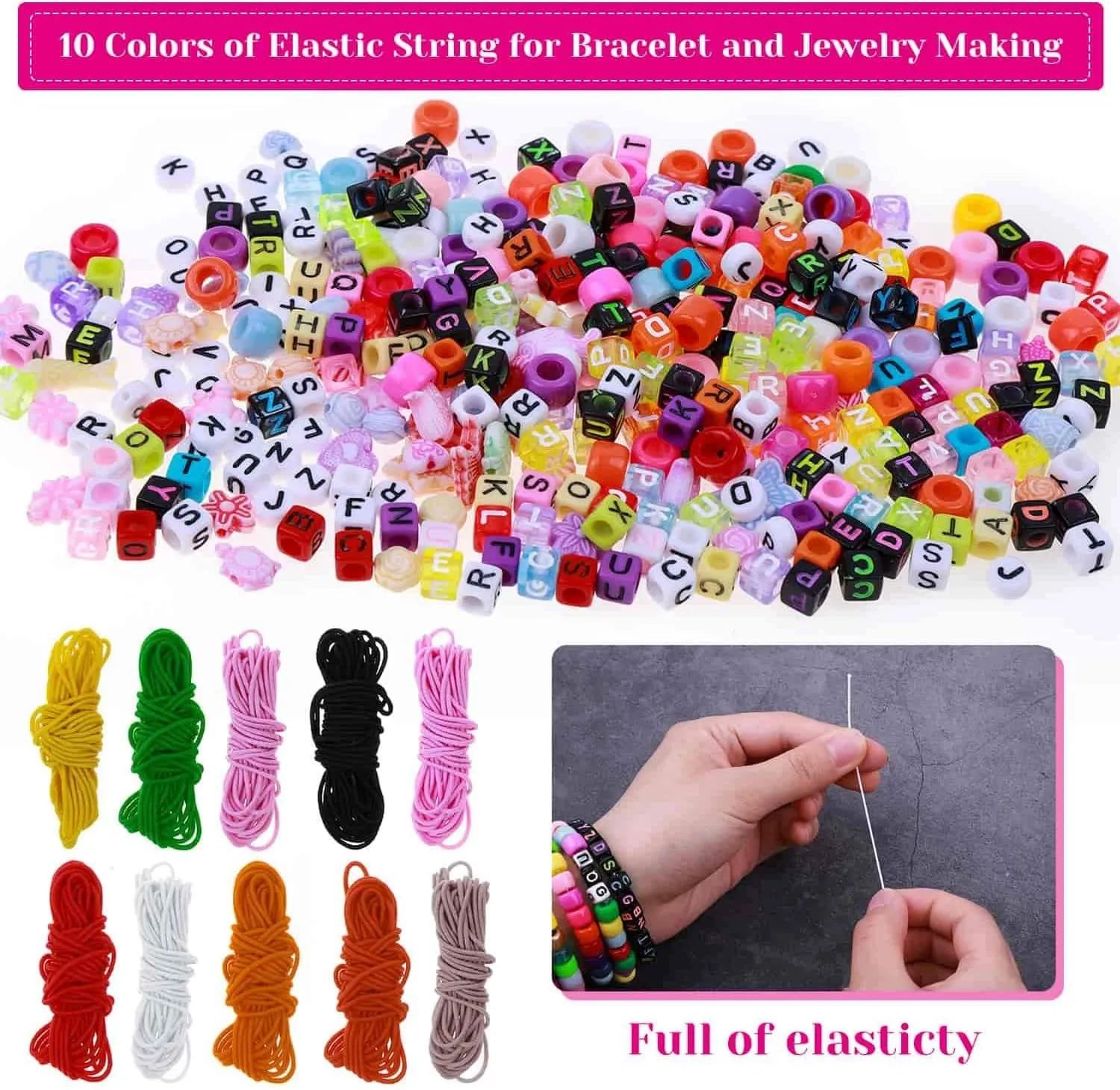 Bead Bracelet Making Kit,  Bead Friendship Bracelets Kit with Pony Beads Letter Beads Charm Beads and Elastic String for Bracelet and Jewelry Making Rainbow Colors