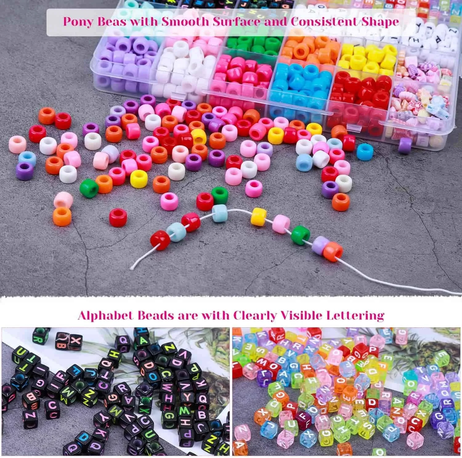 Bead Bracelet Making Kit,  Bead Friendship Bracelets Kit with Pony Beads Letter Beads Charm Beads and Elastic String for Bracelet and Jewelry Making Rainbow Colors
