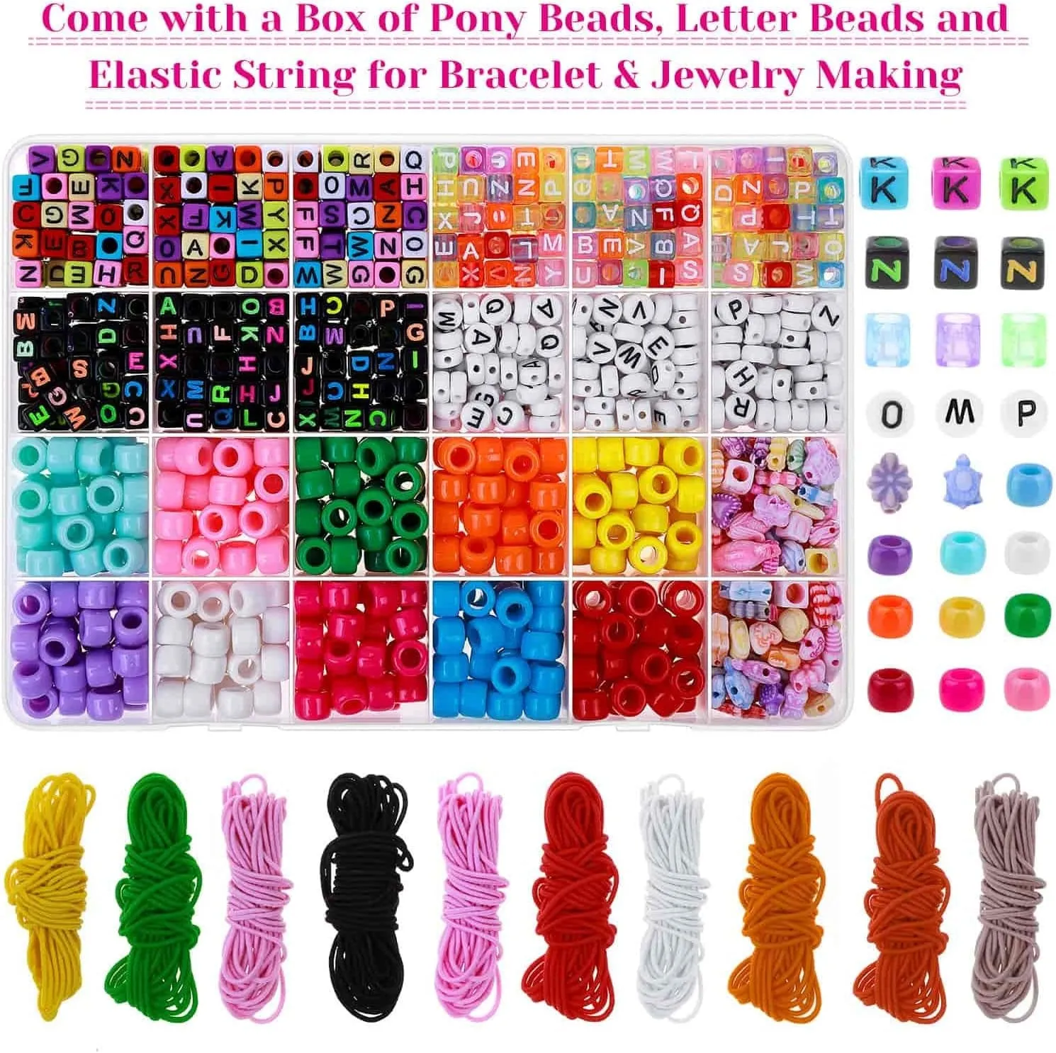 Bead Bracelet Making Kit,  Bead Friendship Bracelets Kit with Pony Beads Letter Beads Charm Beads and Elastic String for Bracelet and Jewelry Making Rainbow Colors