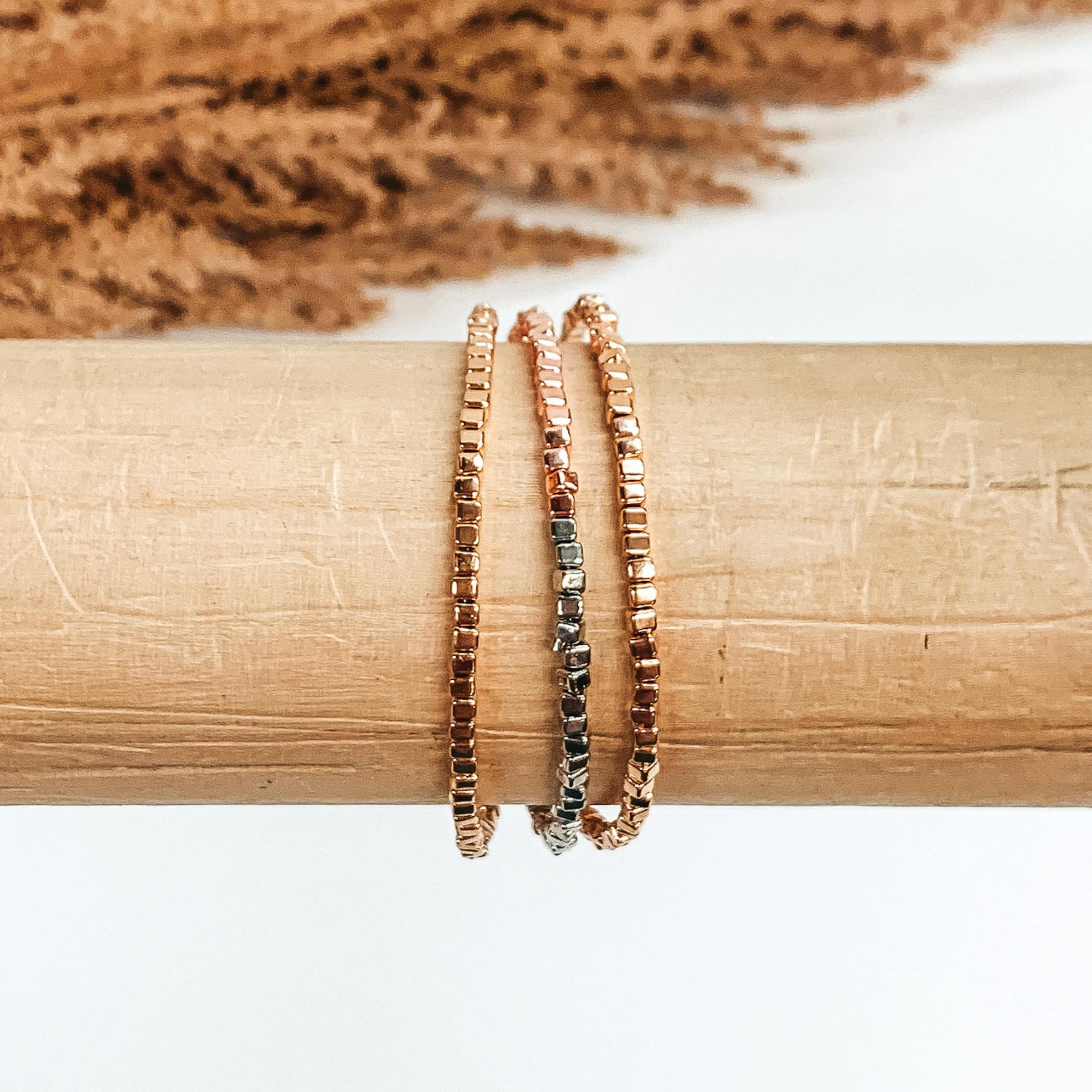Beaded Triple Strand Magnetic Bracelet in Gold, Silver, and Rose Gold