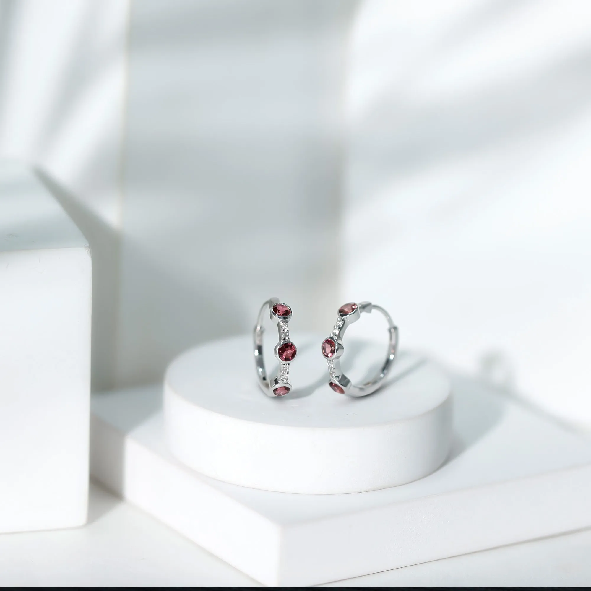 Bezel Set Pink Tourmaline 3 Stone Hinged Hoop Earrings with Diamond