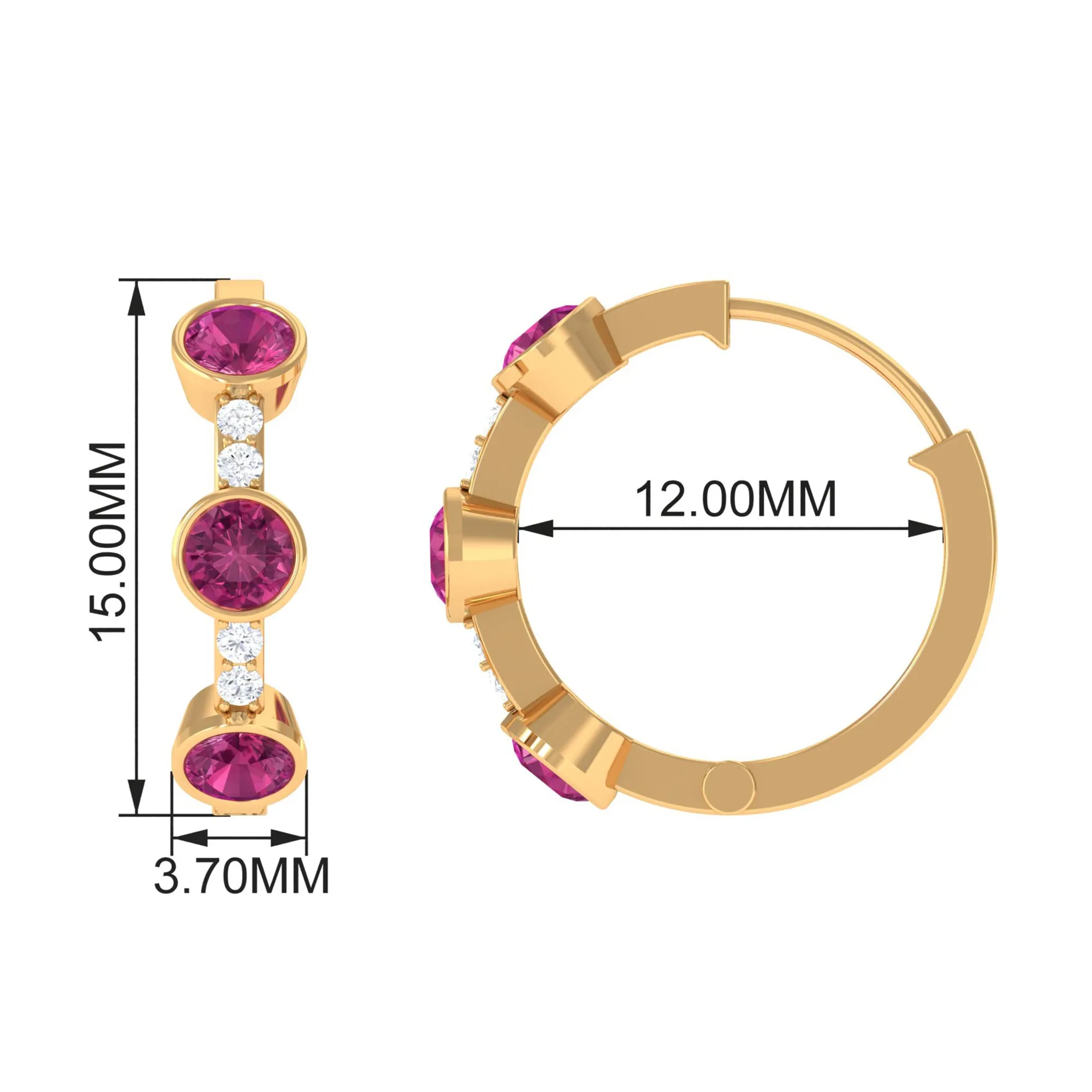 Bezel Set Pink Tourmaline 3 Stone Hinged Hoop Earrings with Diamond