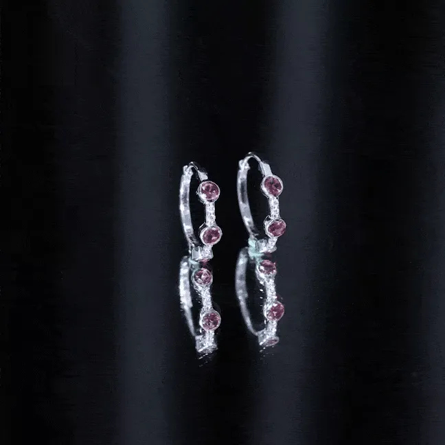 Bezel Set Pink Tourmaline 3 Stone Hinged Hoop Earrings with Diamond