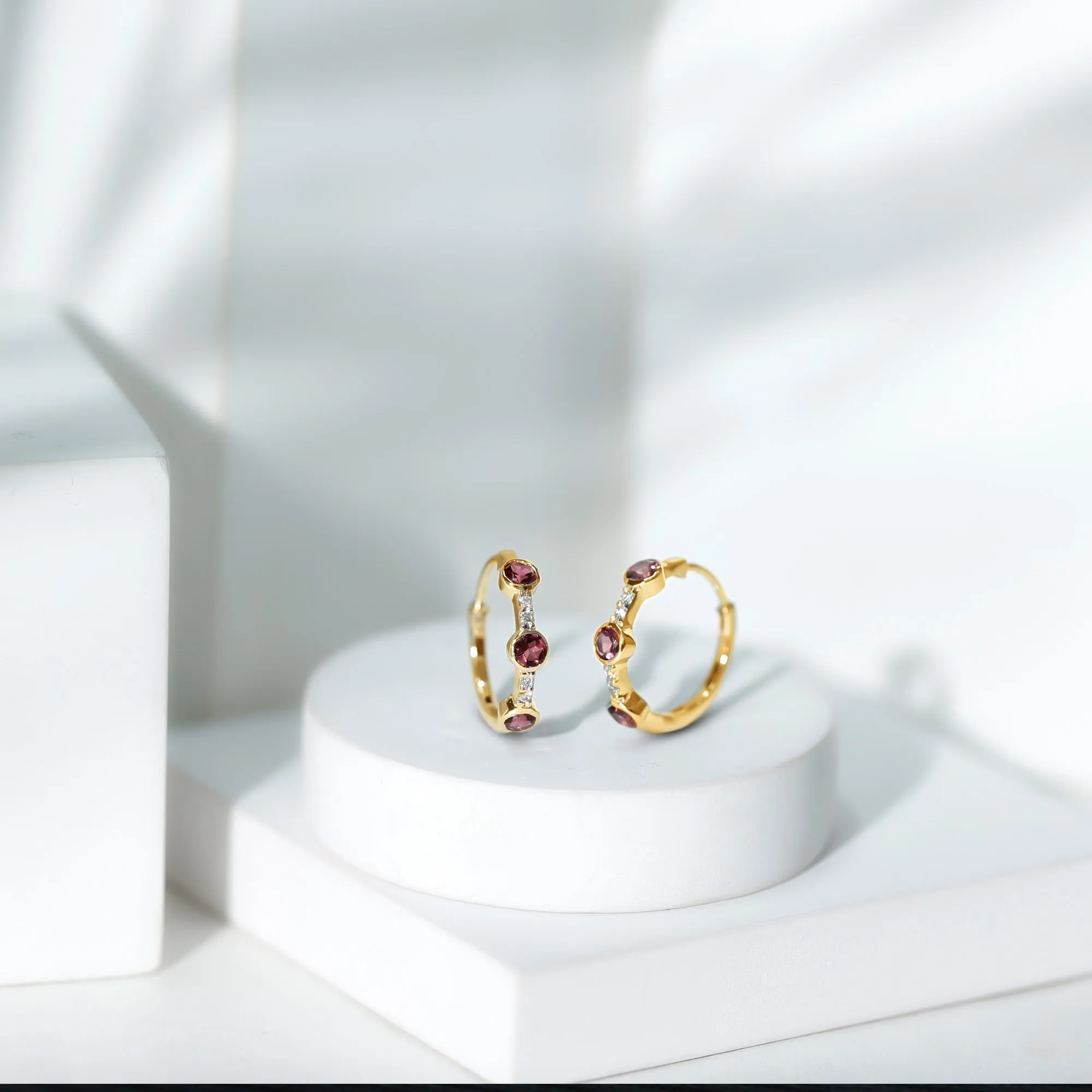 Bezel Set Pink Tourmaline 3 Stone Hinged Hoop Earrings with Diamond
