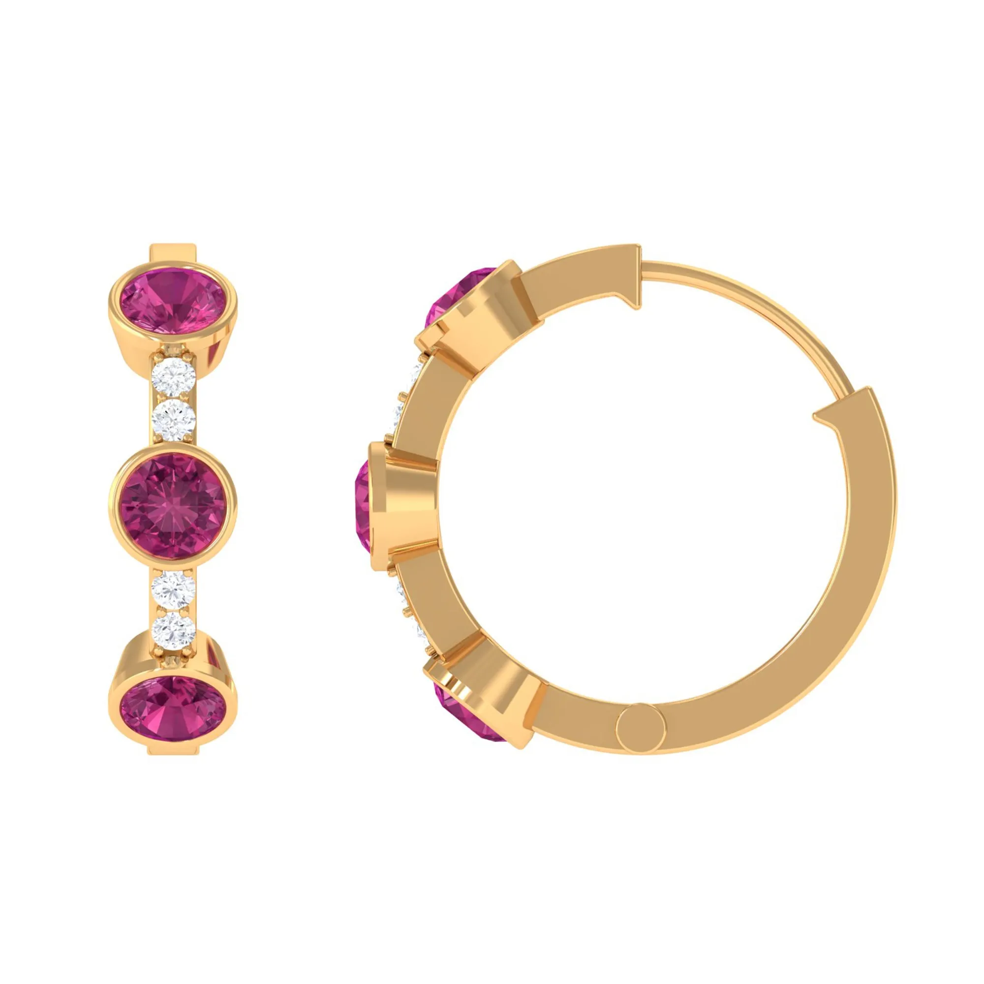 Bezel Set Pink Tourmaline 3 Stone Hinged Hoop Earrings with Diamond