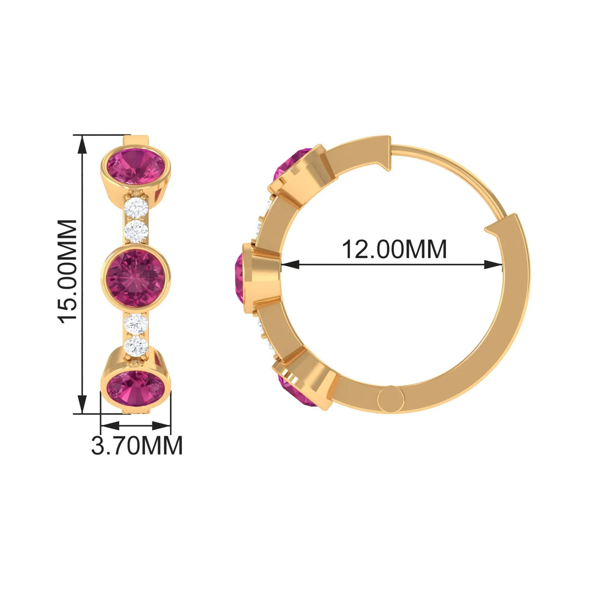 Bezel Set Pink Tourmaline 3 Stone Hinged Hoop Earrings with Diamond