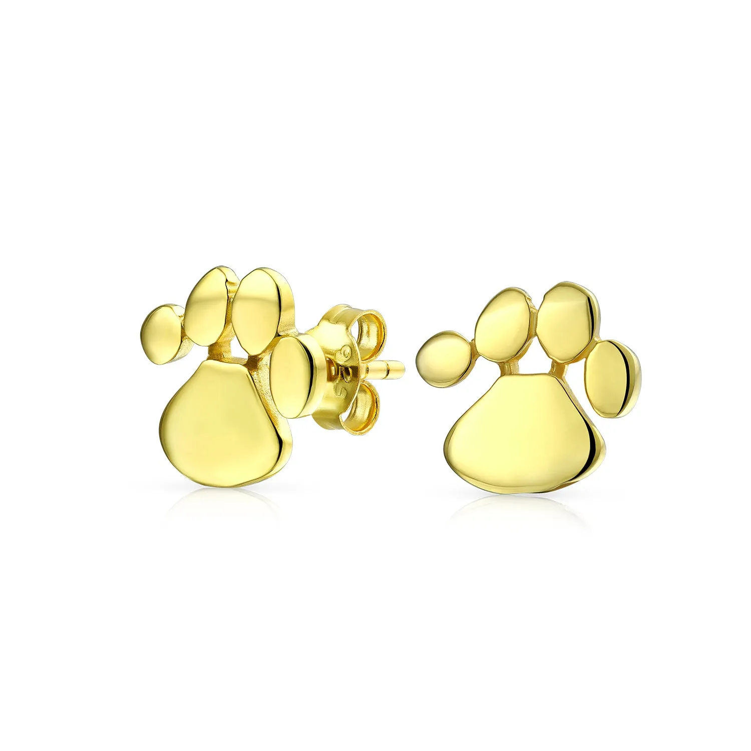 BFF Animal Lover Pet Dog Cat Paw Print Stud Earrings Gold Plated Sterling Silver