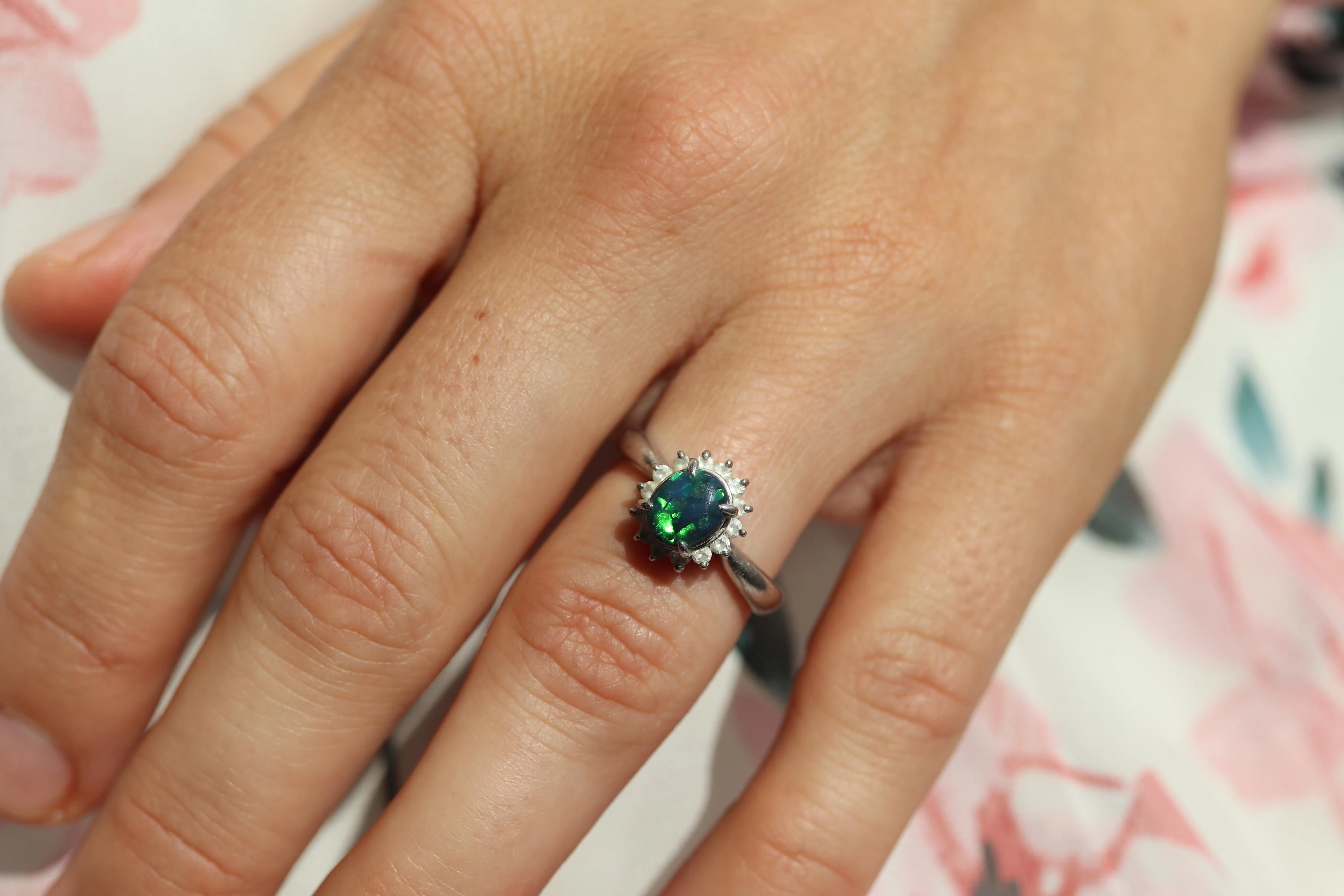 Black Opal Diamond Ring. PT900 Platinum Opal Diamond Halo Solitaire Ring Band.