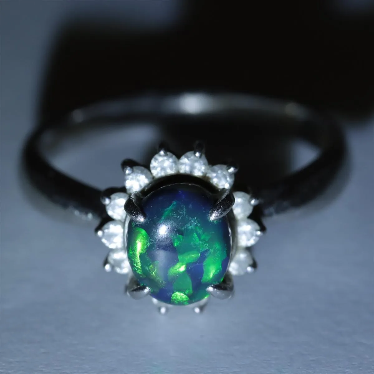 Black Opal Diamond Ring. PT900 Platinum Opal Diamond Halo Solitaire Ring Band.