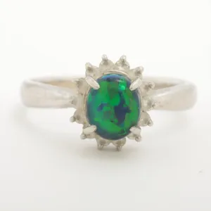 Black Opal Diamond Ring. PT900 Platinum Opal Diamond Halo Solitaire Ring Band.