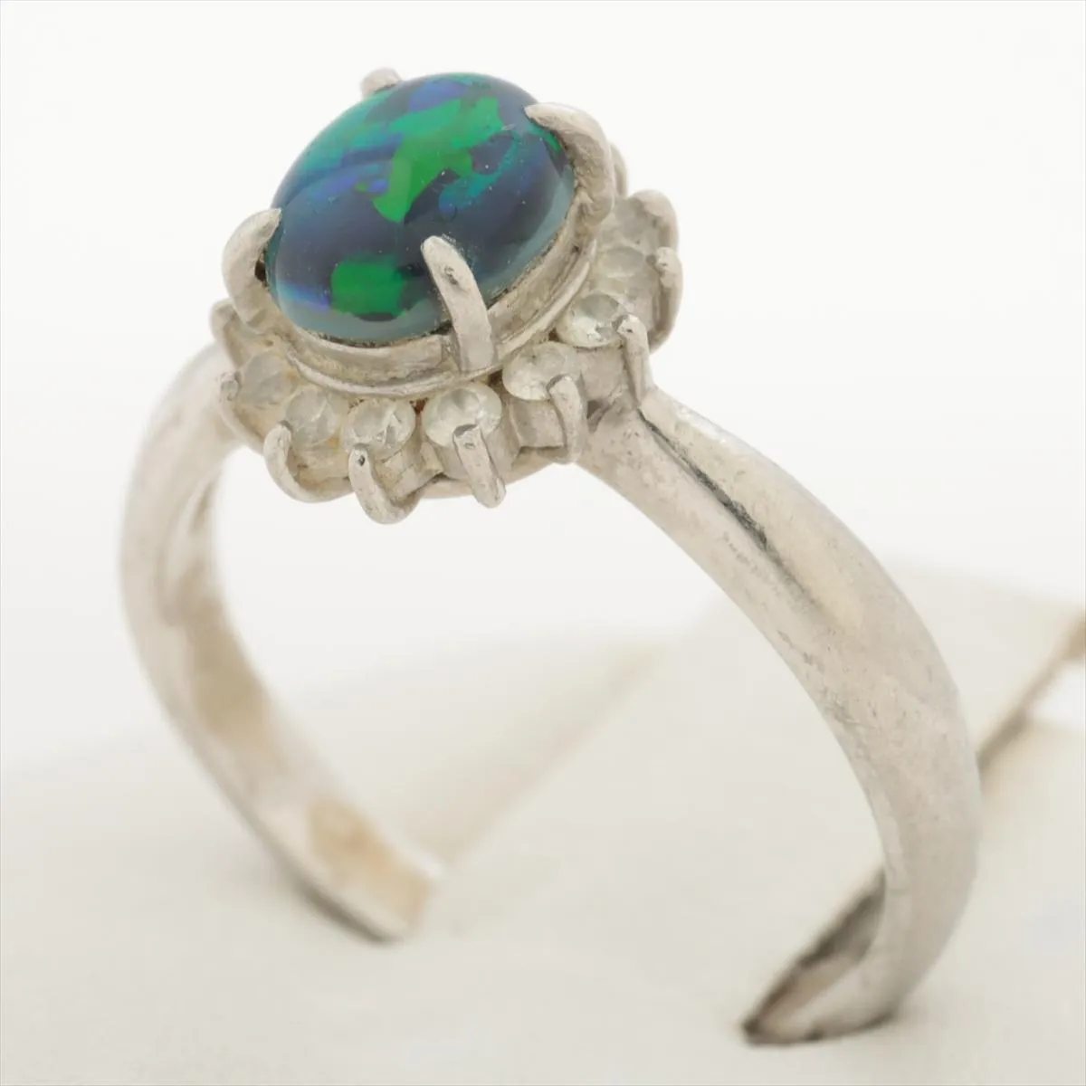 Black Opal Diamond Ring. PT900 Platinum Opal Diamond Halo Solitaire Ring Band.