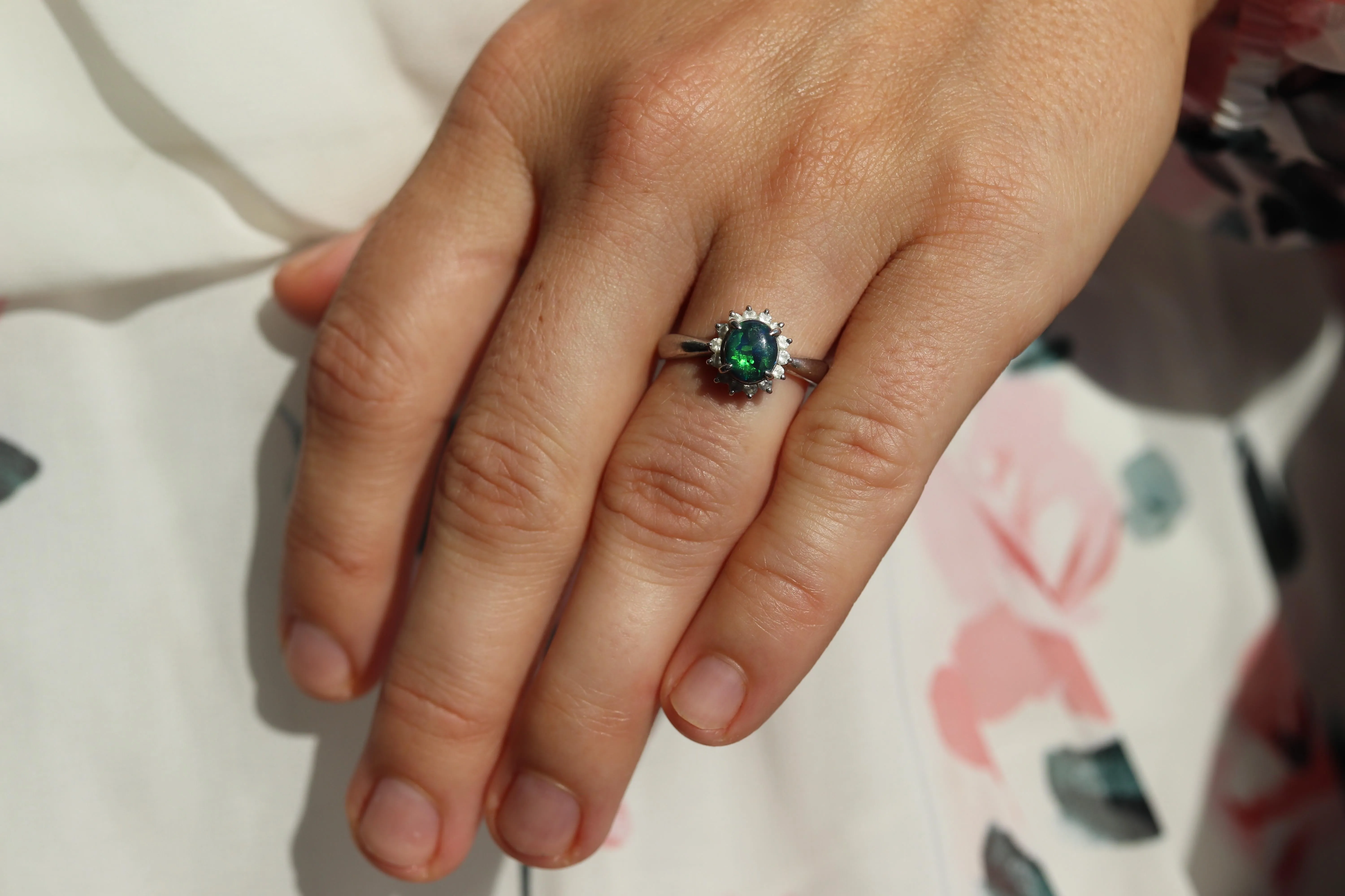 Black Opal Diamond Ring. PT900 Platinum Opal Diamond Halo Solitaire Ring Band.
