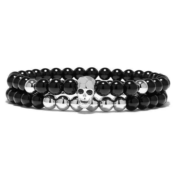 Black Skull Elastic Black Onyx Beads Bracelet Set