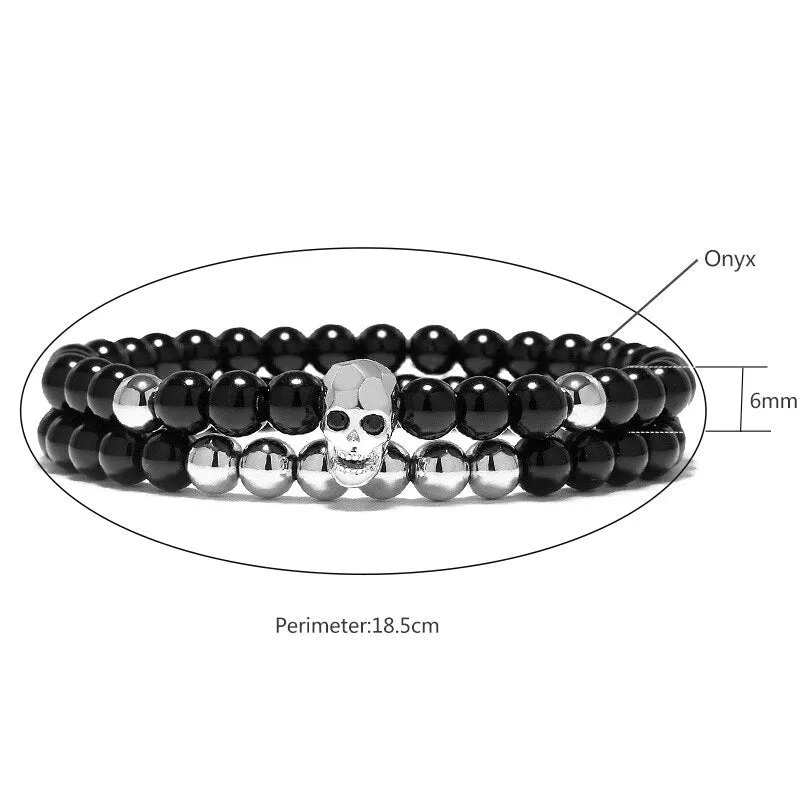 Black Skull Elastic Black Onyx Beads Bracelet Set