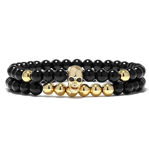 Black Skull Elastic Black Onyx Beads Bracelet Set