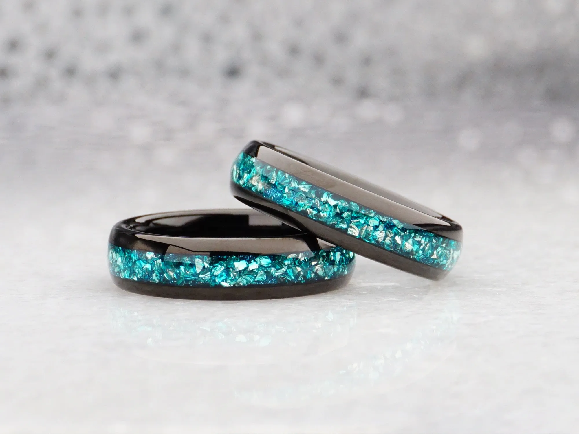 Black Tungsten Ring with Blue Lab-Created Aquamarine - 6MM