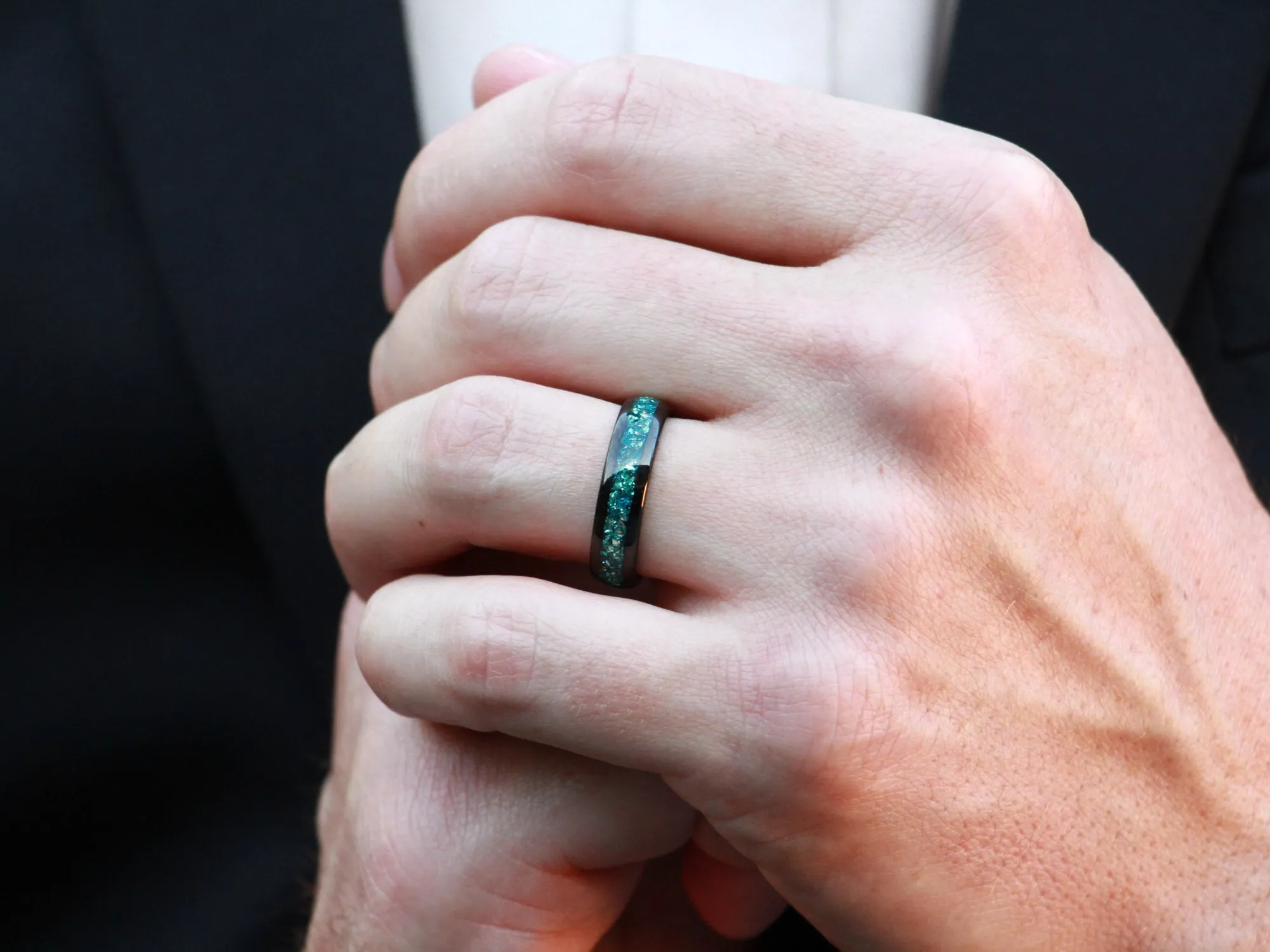 Black Tungsten Ring with Blue Lab-Created Aquamarine - 6MM